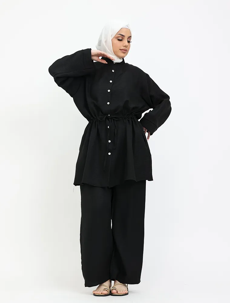 Black Linen Feel Drawstring Co Ord Set